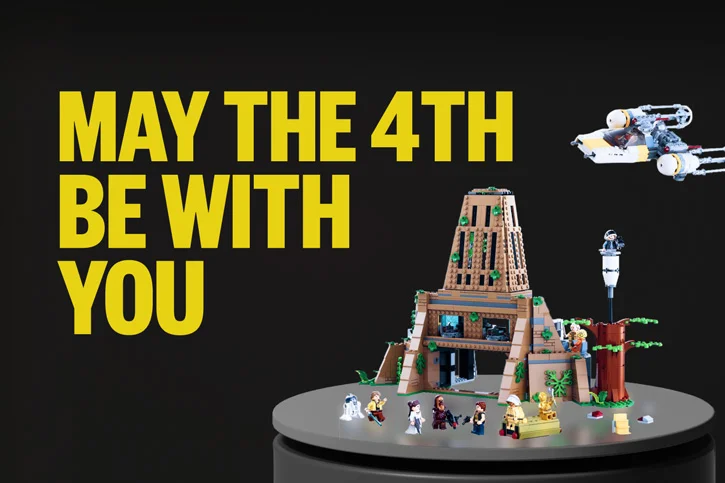 Banner featuring LEGO Star Wars characters with 'May the 4th Be With You' text, celebrating Star Wars Day.