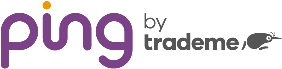 "Ping by Trade Me" Ping logo has "ping" as lowercase lettering in purple with a yellow 'dot' for the 'i', "by trade me" is lower case and in grey, there is a little Kevin the Kiwi after "Trade Me"