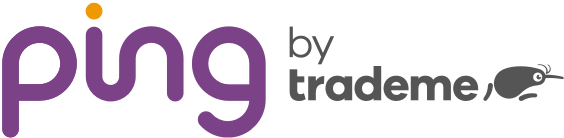 "Ping by Trade Me" Ping logo has "ping" as lowercase lettering in purple with a yellow 'dot' for the 'i', "by trade me" is lower case and in grey, there is a little Kevin the Kiwi after "Trade Me"