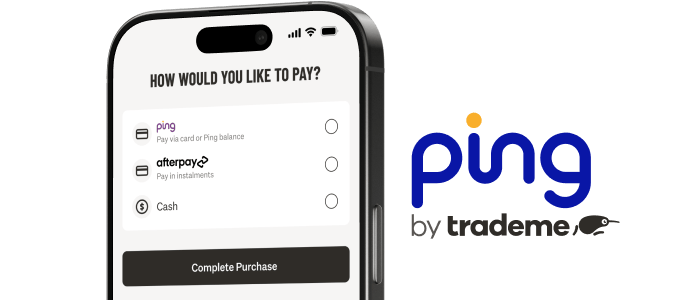 "Ping by Trade Me" Ping logo has "ping" as lowercase lettering in purple with a yellow 'dot' for the 'i', "by trade me" is lower case and in grey, there is a little Kevin the Kiwi after "Trade Me"