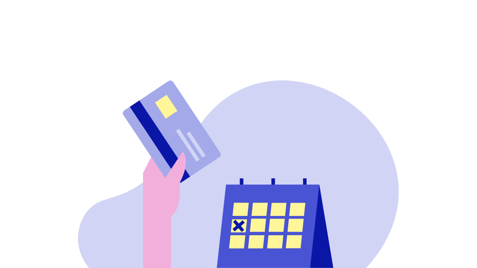 Icon image showing a calendar with one day crossed off, and a hand holding a credit card.