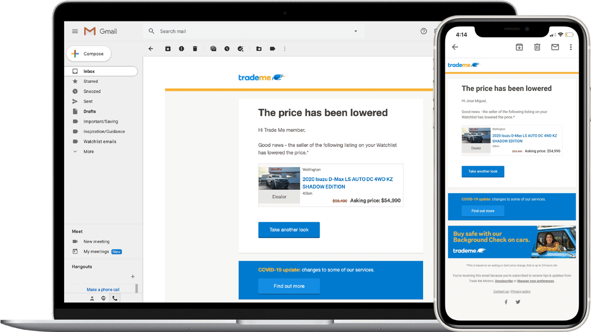 Price drop email on screen.