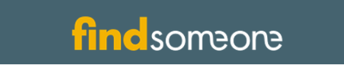 Findsomeone logo - lower case lettering, find in yellow, someone in white on a blue-grey background