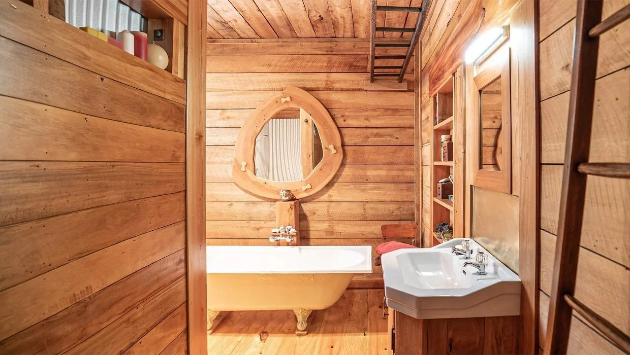 The bathroom feels like a Scandinavian sauna.