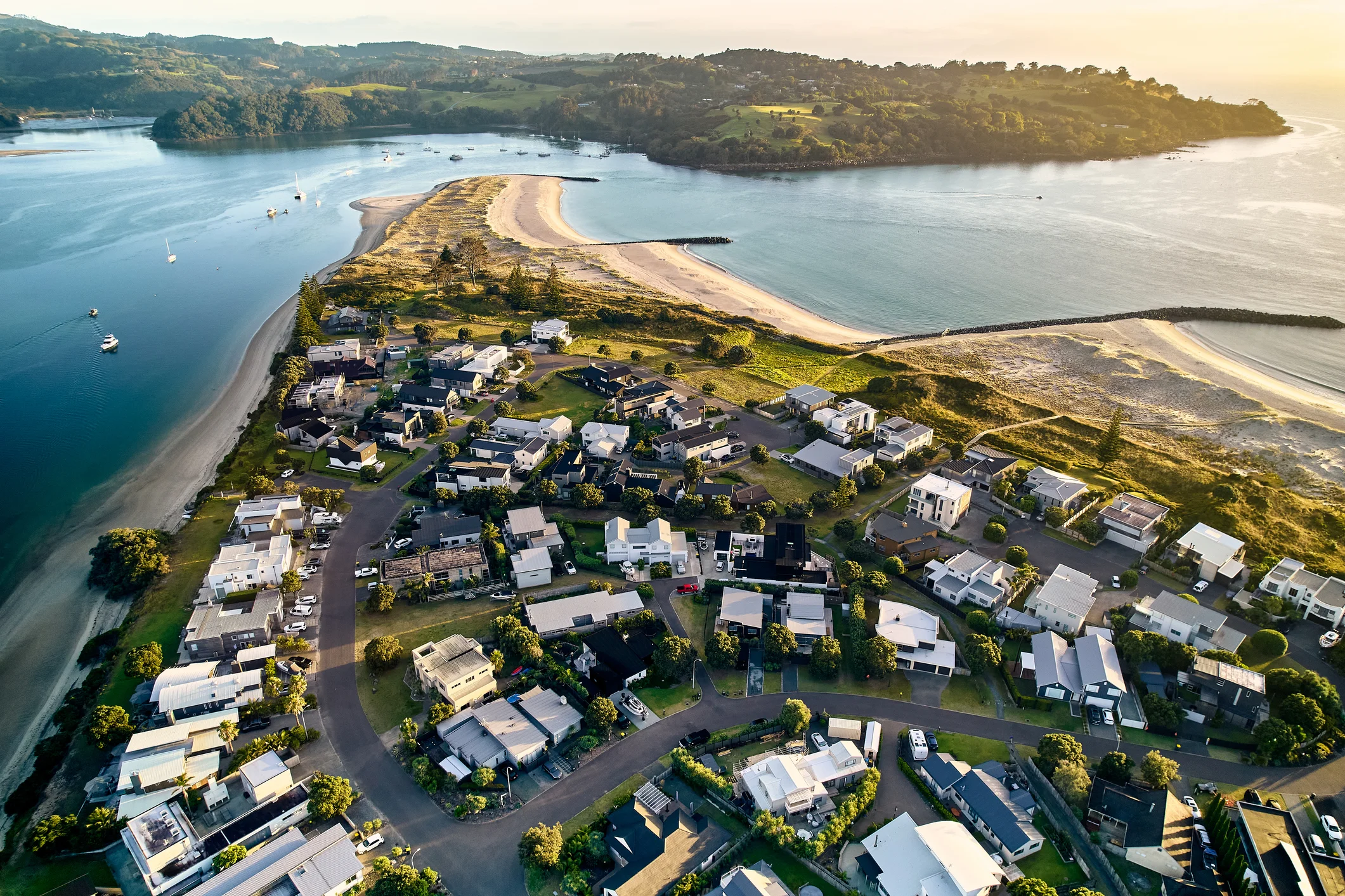 High view over Omaha Beach near Auckland, sunrise