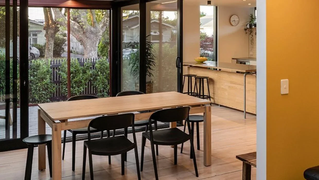 The dark exterior is contrasted by the light interior