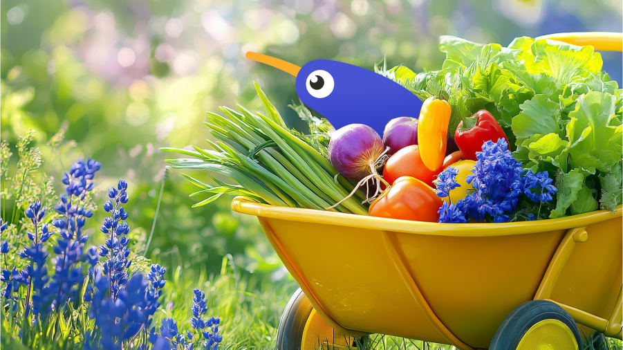 Cartoon Kev the Kiwi, Trade Me’s mascot, out in the garden.