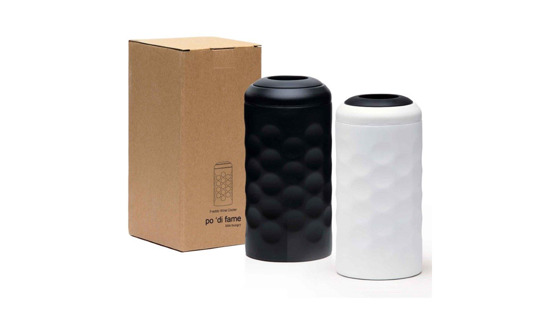 Two dimpled wine coolers side by side, next to their box. One black and one white.