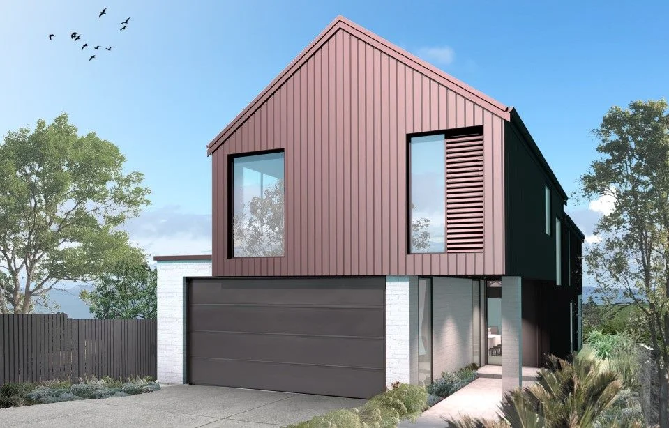Modern two-story house with a dark exterior, large windows, and a double garage, surrounded by trees under a clear sky.