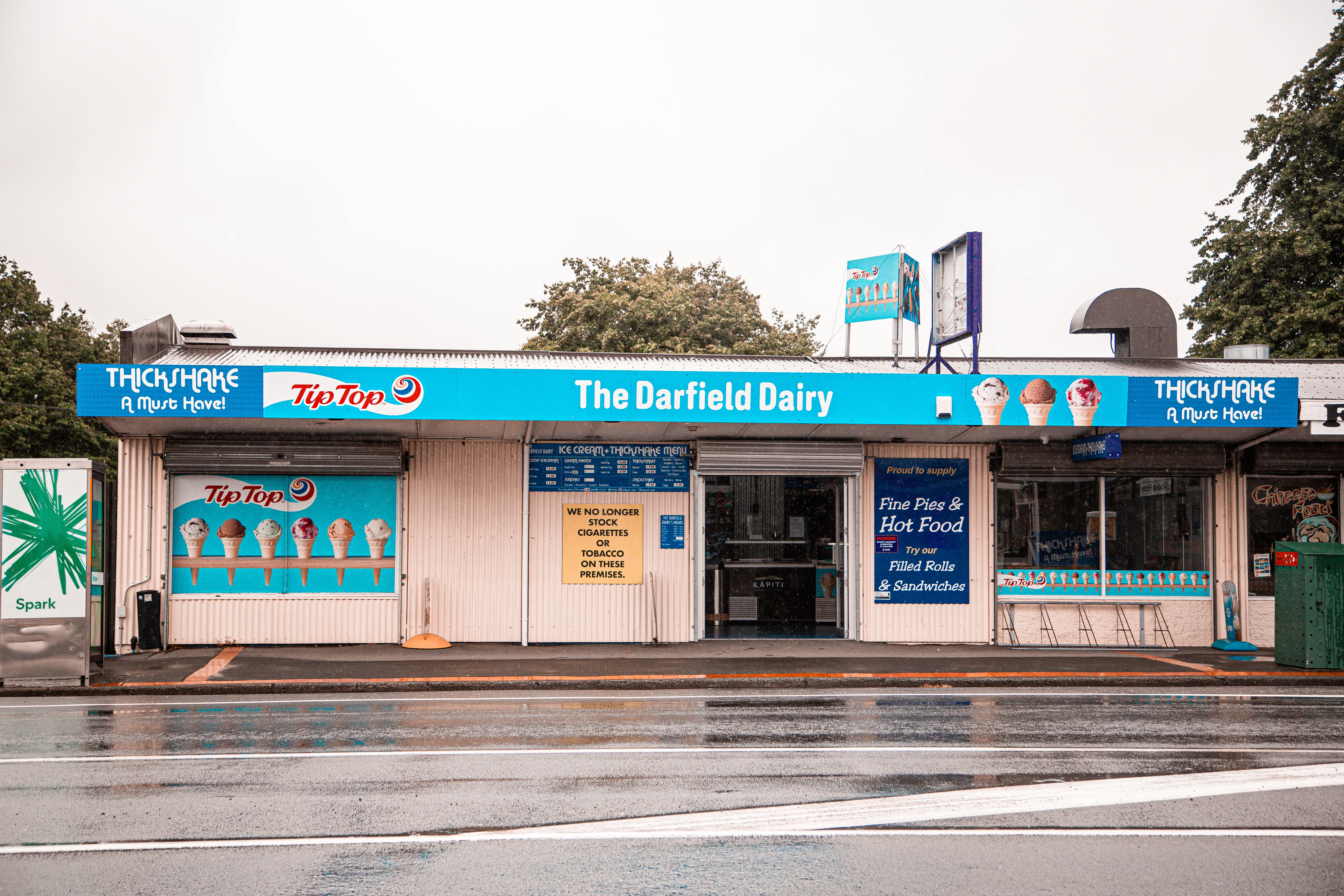 A blue and white dairy (shop)