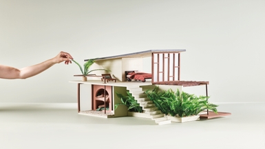 MAIN IMAGE: Backdrop in Resene SpaceCote Low Sheen in Resene Hindsight; roof in Resene Summit Roof in Resene Ironstone; exterior in Resene Lumbersider in Resene Creme De La Creme, Resene FX Paint Effects Medium mixed with Resene Lumbersider in Resene Tua Tua and Resene FX Paint Effects Medium mixed with Resene Lumbersider in Resene Awaroa Bay, resene.co.nz/colorshops.