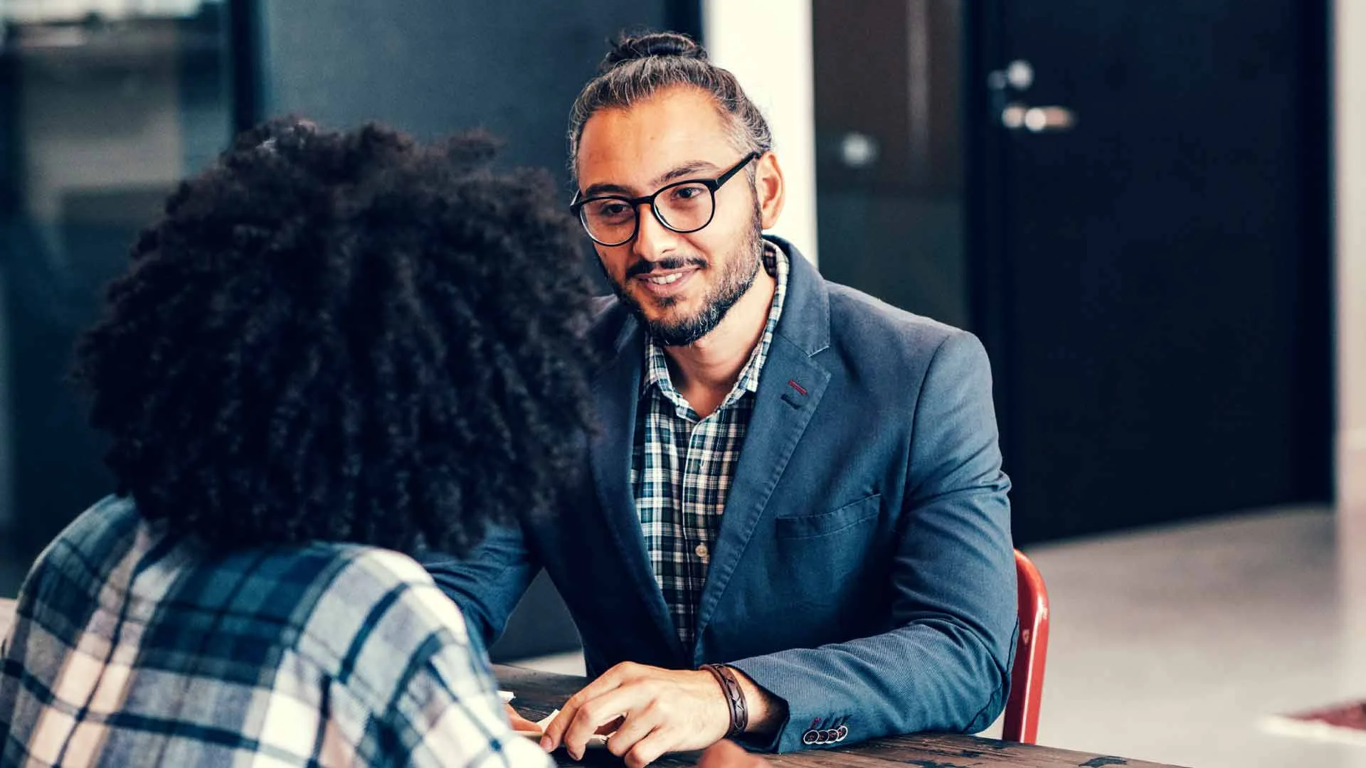 A job interview taking place in an office building