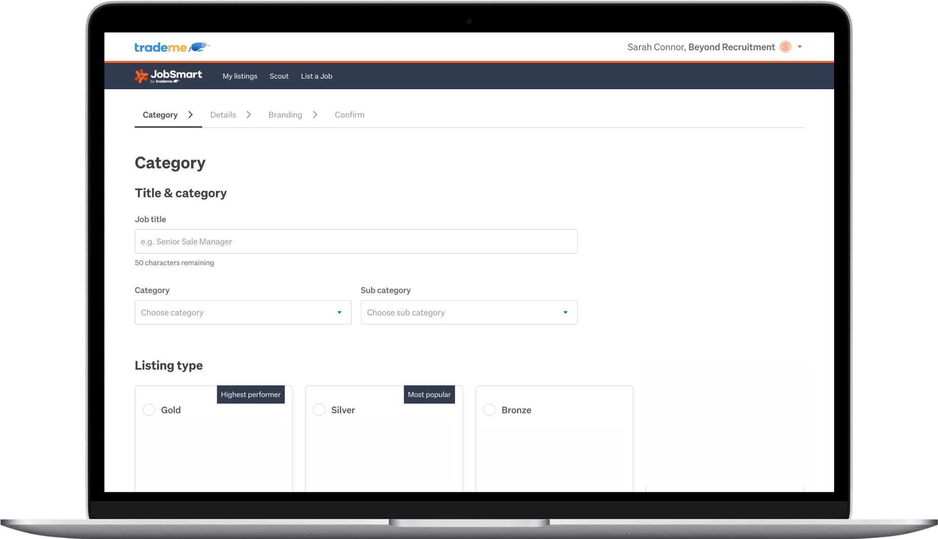 Select the title and category of your job