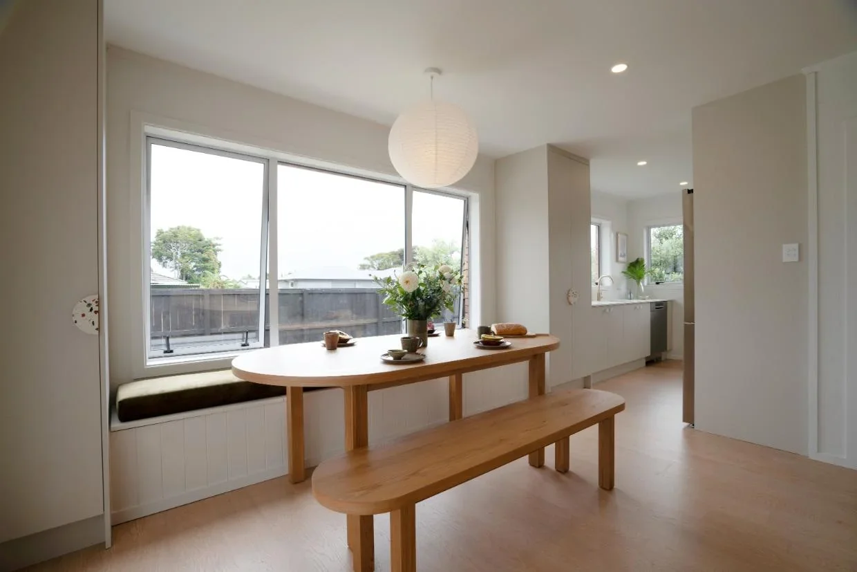 window seat in brick and tile home